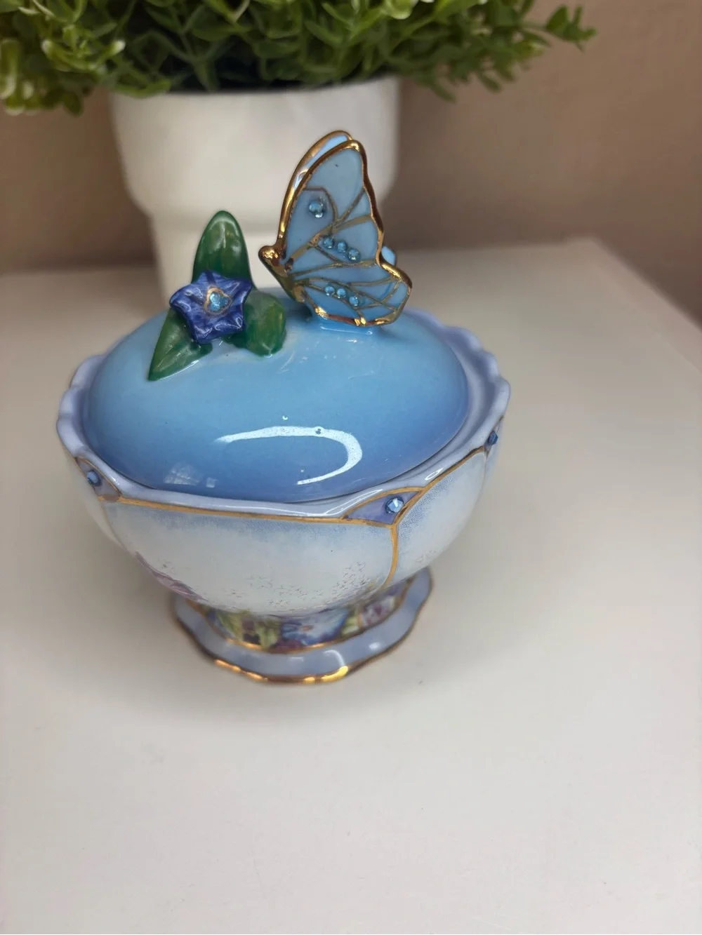 Blue Butterfly Ceramic Trinket Jar with Floral Accent